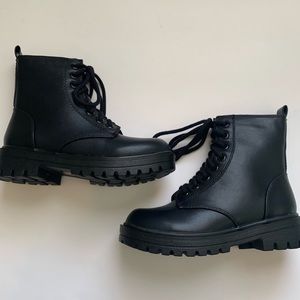 Black vegan leather chunky combat boots
